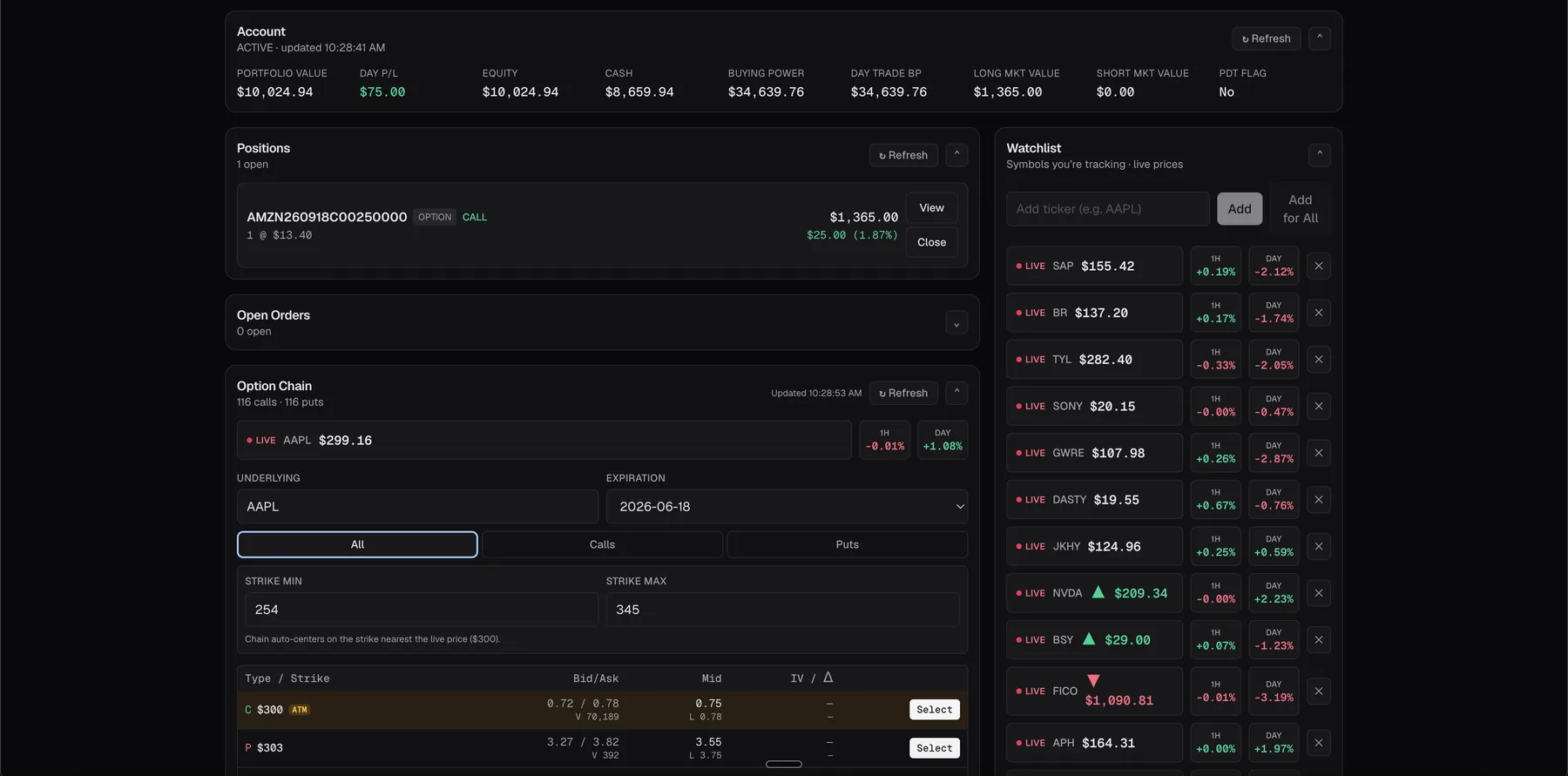 Options Trader desktop interface
